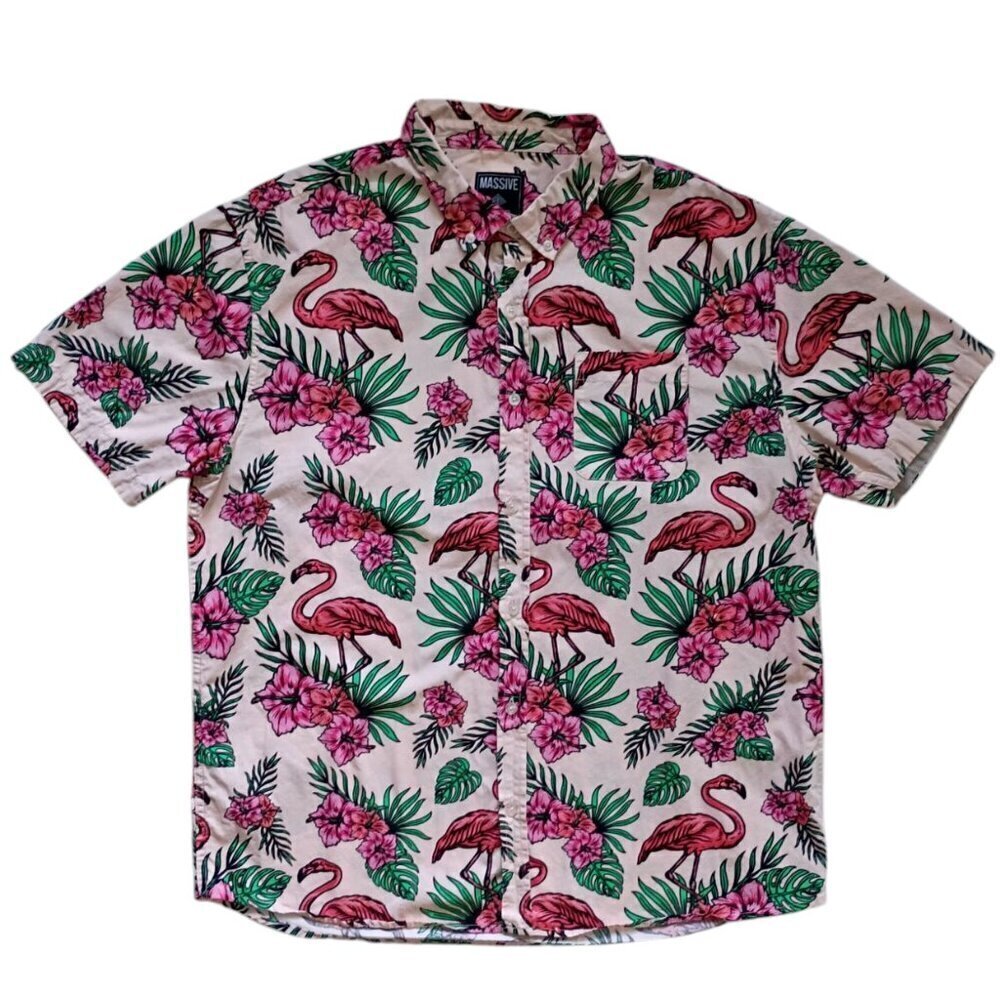 Massive Shirt Hawaiian Flamingo Cotton Short Sleeve Button Down XL - Picture 2 of 9